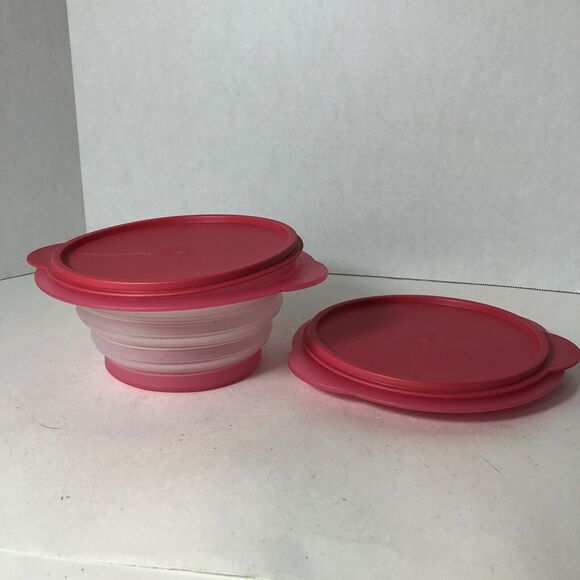 Tupperware Flat Out Containers Collapsible Bowls Lot Set of 2 Pink 700 ml E1 - Picture 1 of 8